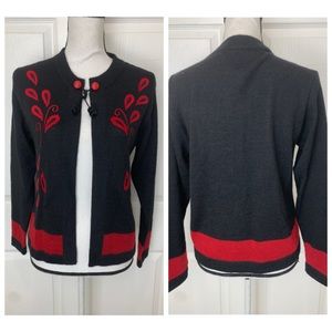 ALPACA Women’s Medium Red Black Bolivia Cape Style Embroidered Cardigan Sweater